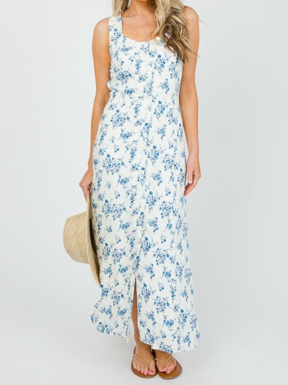 Blu Pepper Blue Floral Print Sleeveless Button Front Maxi Dress, Size M